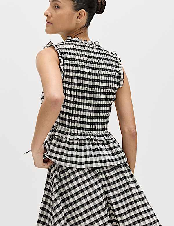 Cotton Blend Gingham Shirred Peplum Top - VN