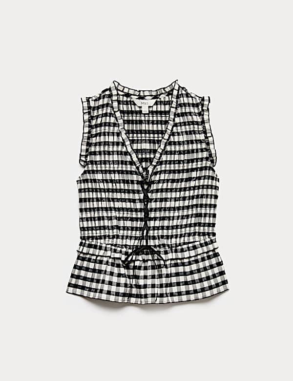 Cotton Blend Gingham Shirred Peplum Top - VN