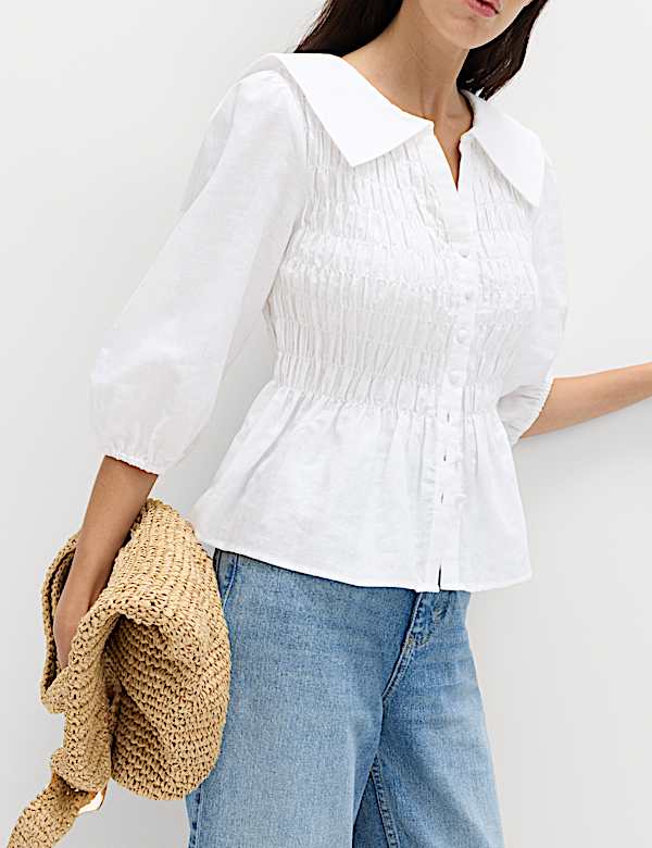 Linen Rich Collared Shirred Shirt