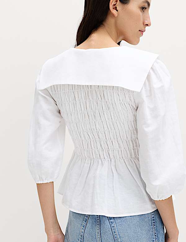 Linen Rich Collared Shirred Shirt