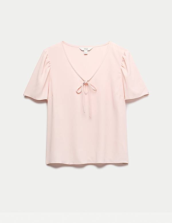 Top ajust&eacute; &agrave; manches ange, col en V et d&eacute;tail &agrave; nouer - CA