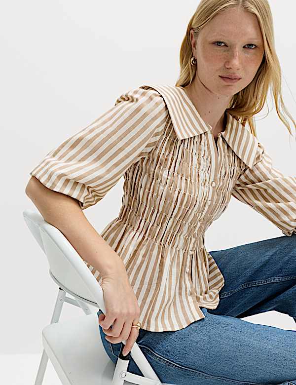 Linen Rich Polka Dot Shirred Blouse