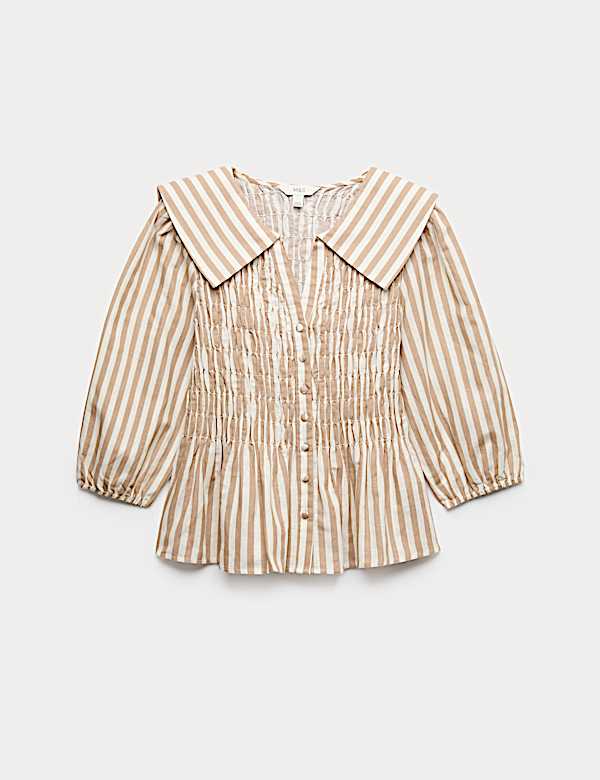 Linen Rich Polka Dot Shirred Blouse