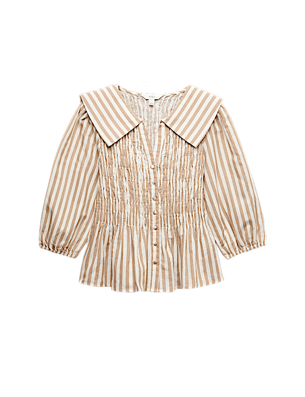 Linen Rich Polka Dot Shirred Blouse