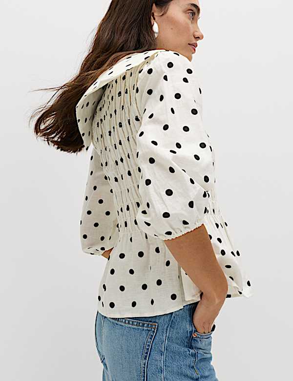 Blusa fruncida de topos de lino - ES