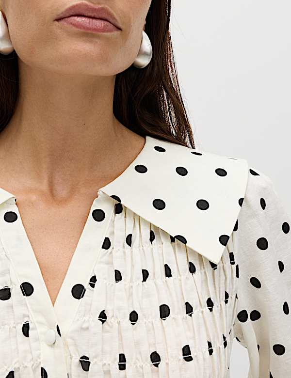 Blusa fruncida de topos de lino - ES