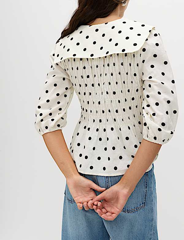 Blusa fruncida de topos de lino - ES