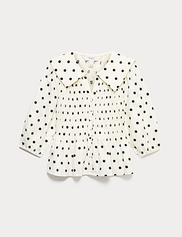 Blusa fruncida de topos de lino - ES