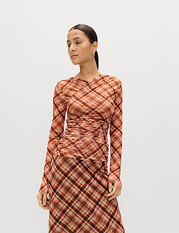 Mesh Jersey Checked V-Neck Wrap Top - ES