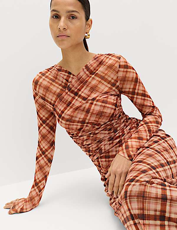 Mesh Jersey Checked V-Neck Wrap Top - ES