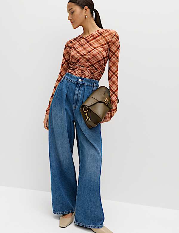 Mesh Jersey Checked V-Neck Wrap Top - ES