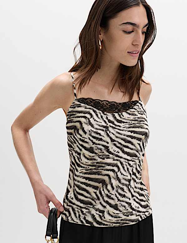 Animal Print Lace Detail Cami Top | BLACK MIX | Tops | M&S IT