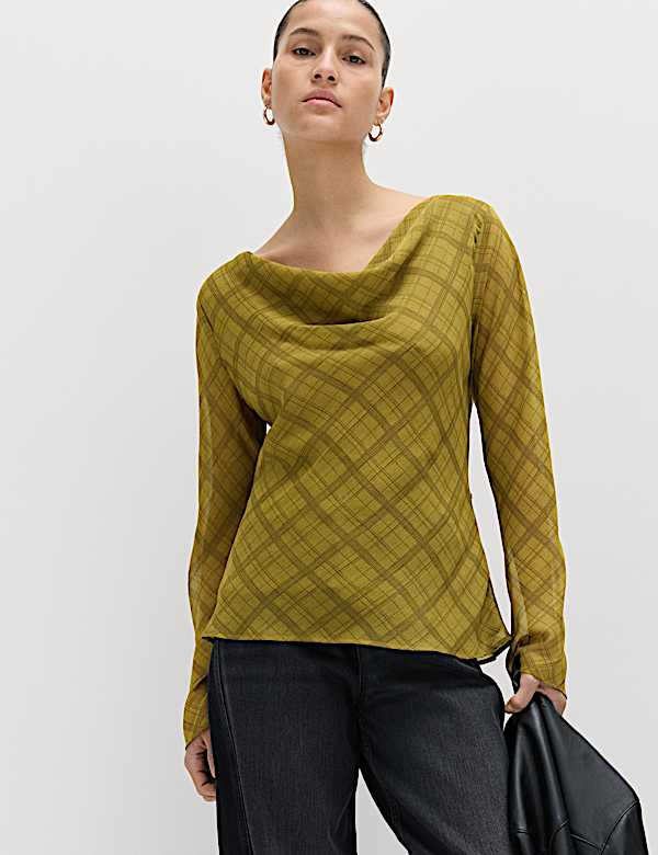 Checked Cowl Neck Top - FR