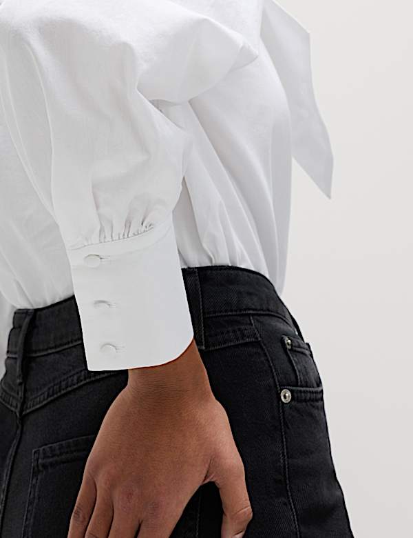 חולצה מכותנה טהורה עם קשירת פפיון בצווארון - IL