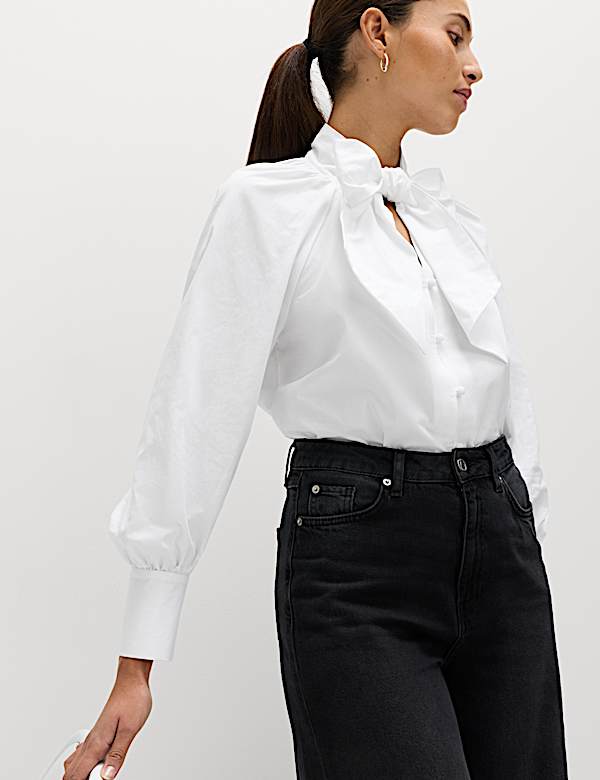 חולצה מכותנה טהורה עם קשירת פפיון בצווארון - IL