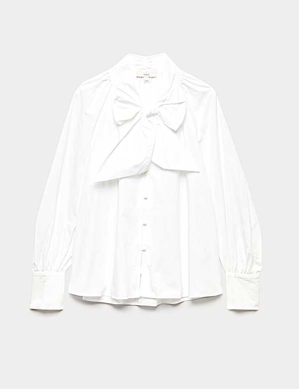 חולצה מכותנה טהורה עם קשירת פפיון בצווארון - IL