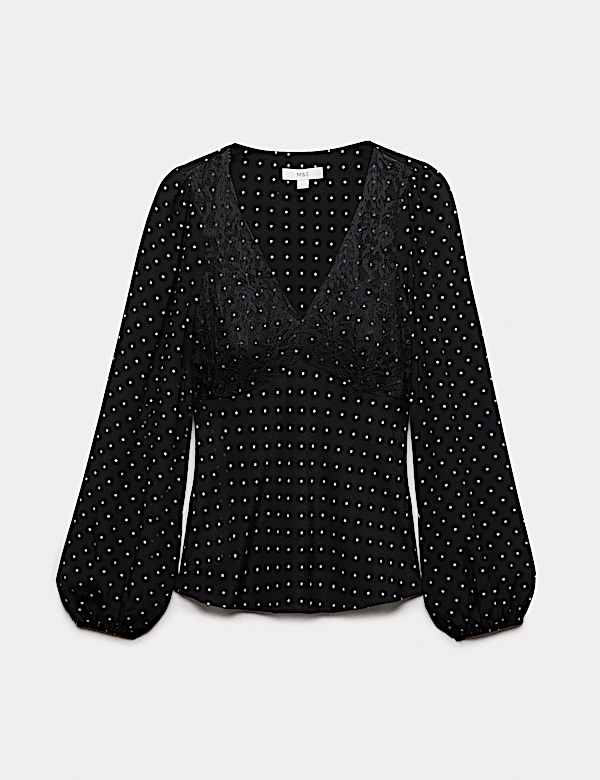 Polka Dot Lace Insert Tie Detail Top - CN