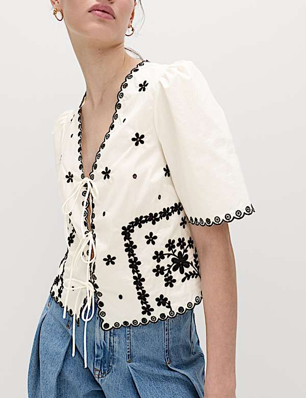 Pure Cotton Embroidered Tie Detail Top