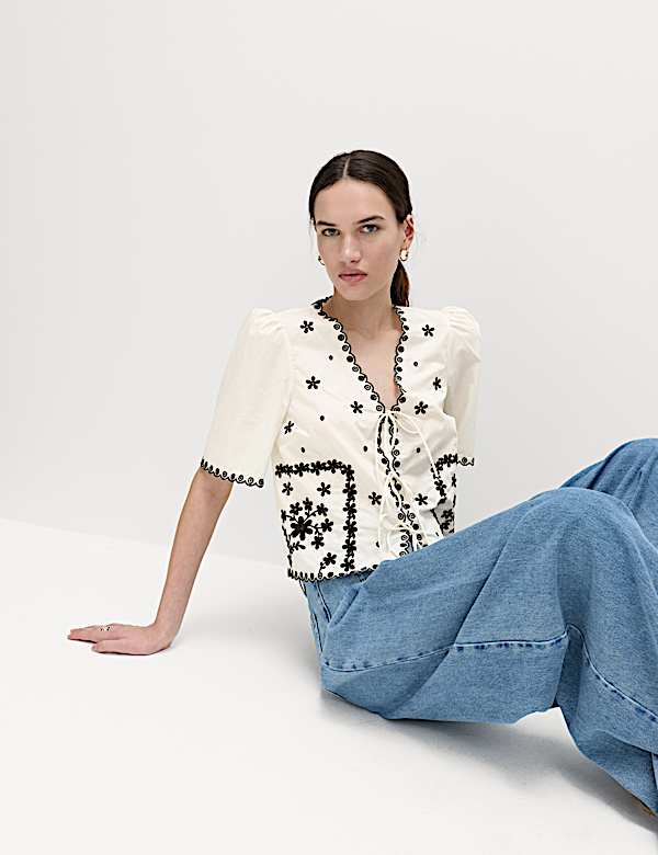 Pure Cotton Embroidered Tie Detail Top