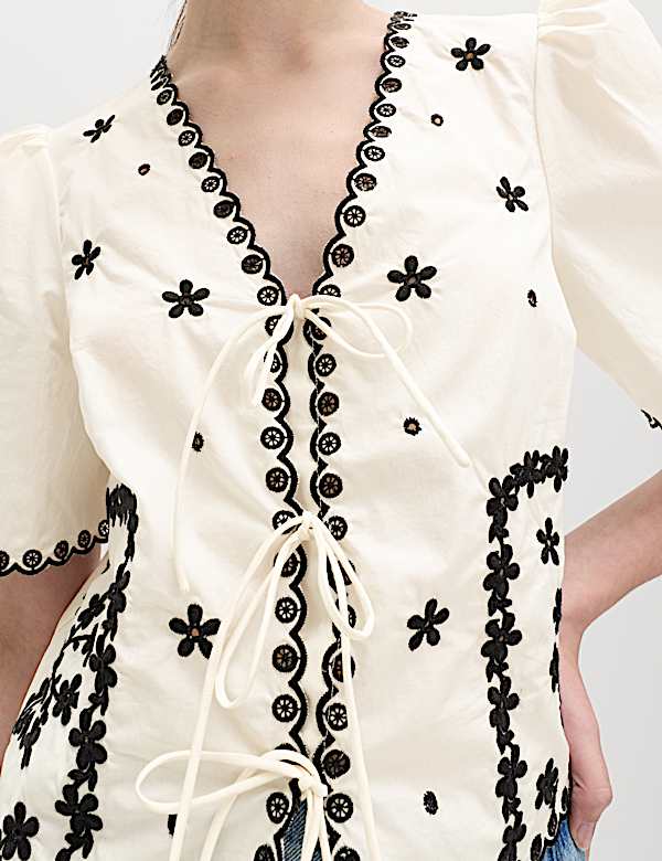 Pure Cotton Embroidered Tie Detail Top