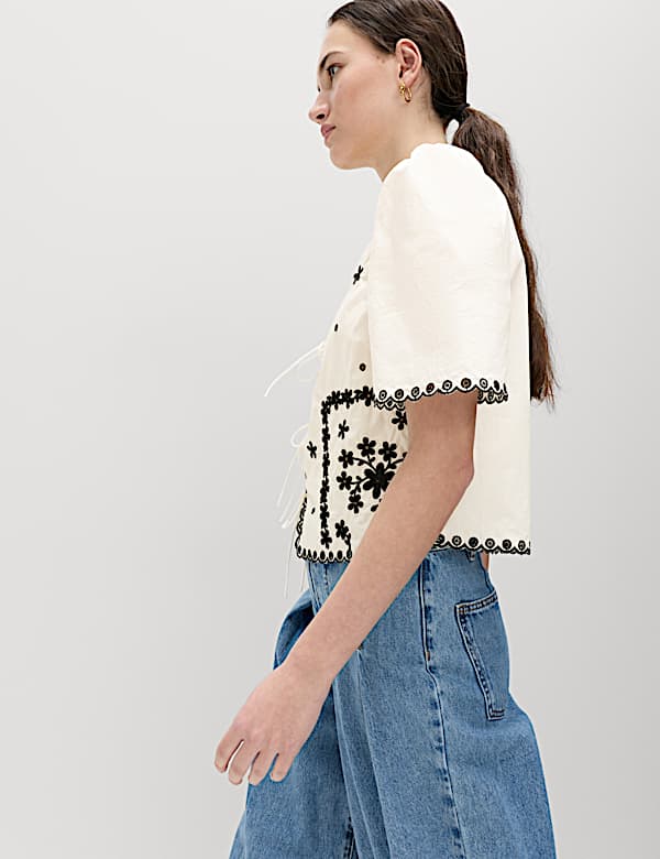 Pure Cotton Embroidered Tie Detail Top