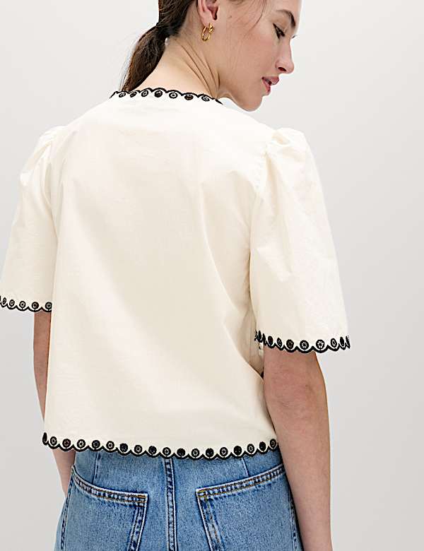 Pure Cotton Embroidered Tie Detail Top