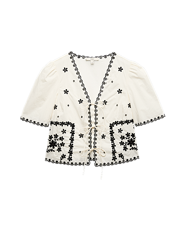 Pure Cotton Embroidered Tie Detail Top