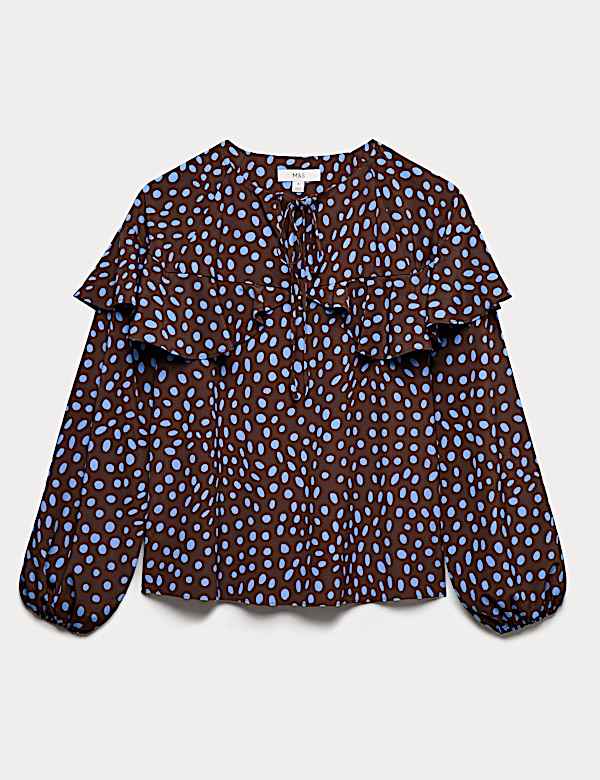 חולצה בהדפס נקודות עם מלמלה וקשירה בחזית - IL