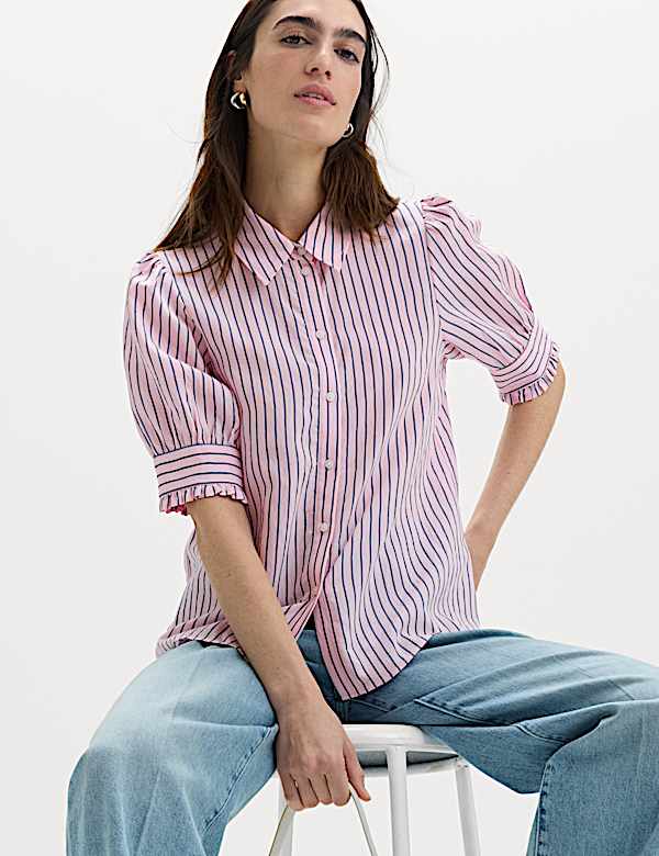 Striped Collared Frill Detail Shirt | PINK MIX | Shirts | M&S JE