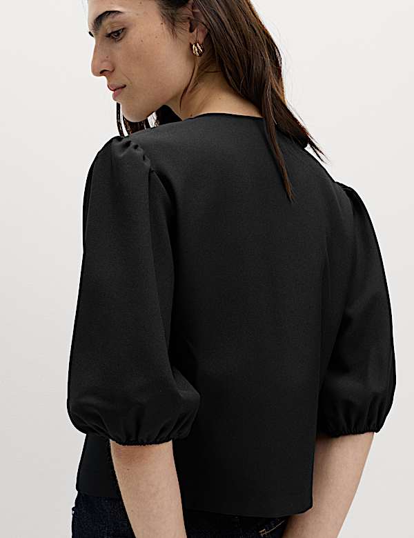 Knot Button Detail Puff Sleeve Top - US