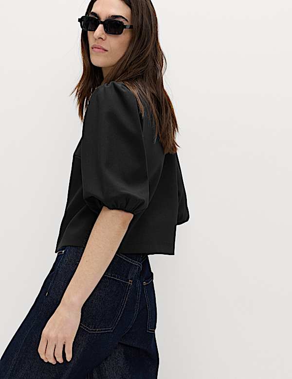 Knot Button Detail Puff Sleeve Top - US
