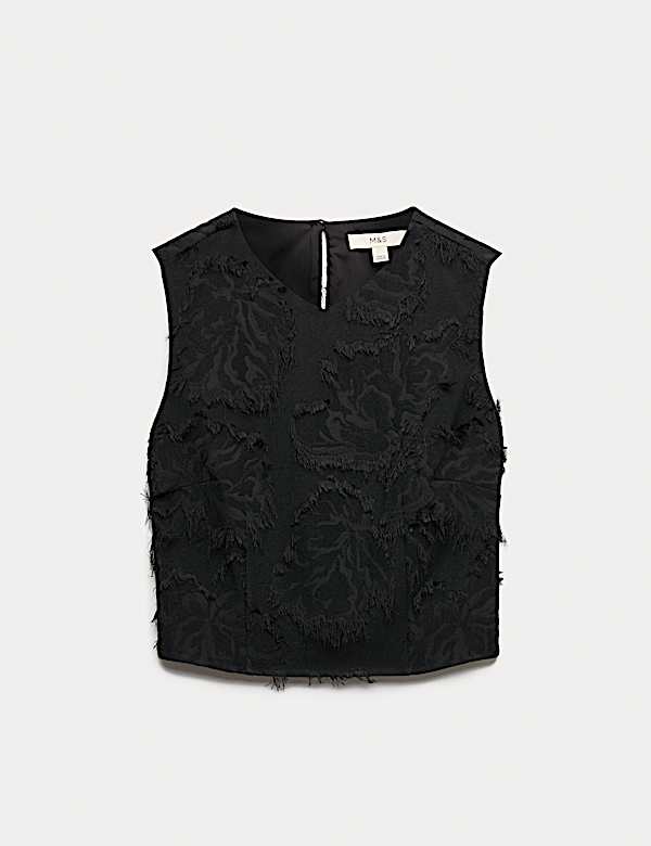 Top ajust&eacute; &agrave; col en V, motif jacquard fleuri et franges - BE