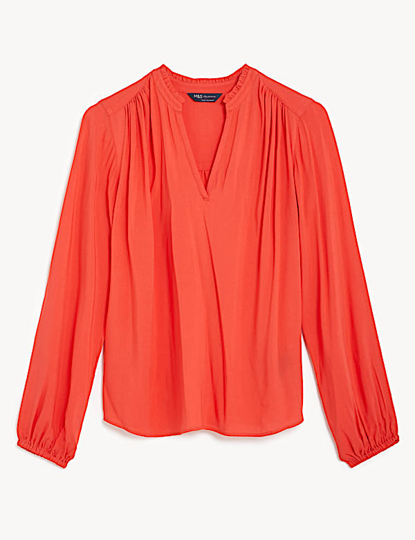 Collarless Regular Fit Long Sleeve Blouse - JP