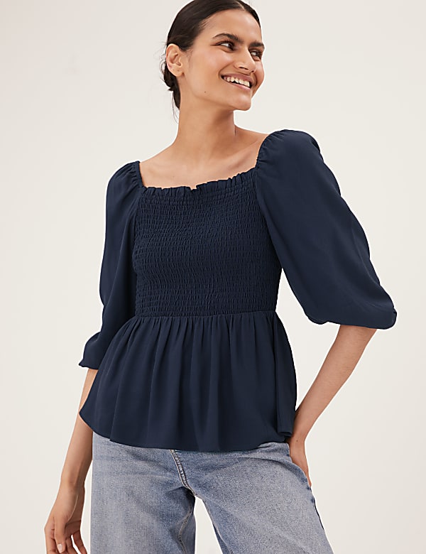 Square Neck Smocked 3/4 Sleeve Blouse