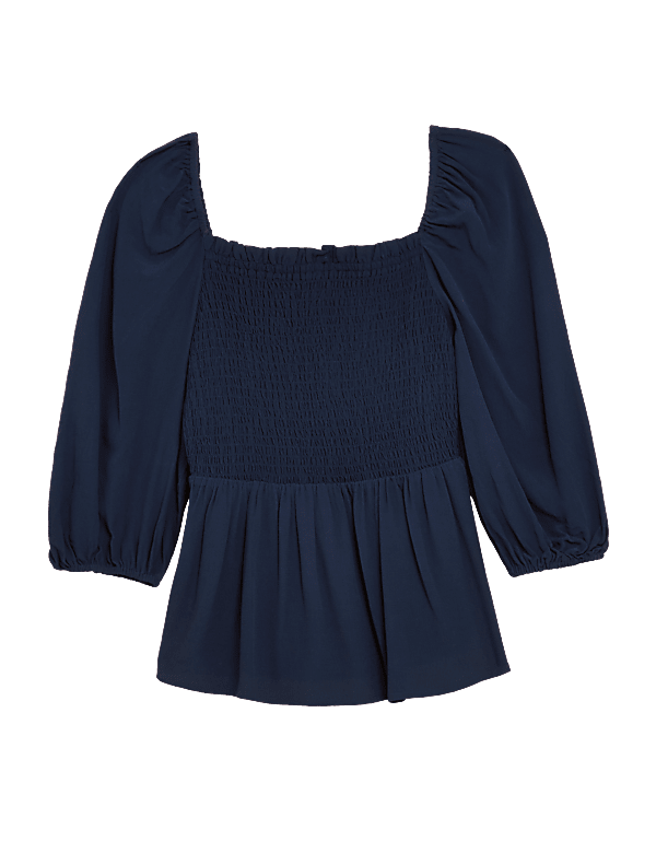 Square Neck Smocked 3/4 Sleeve Blouse