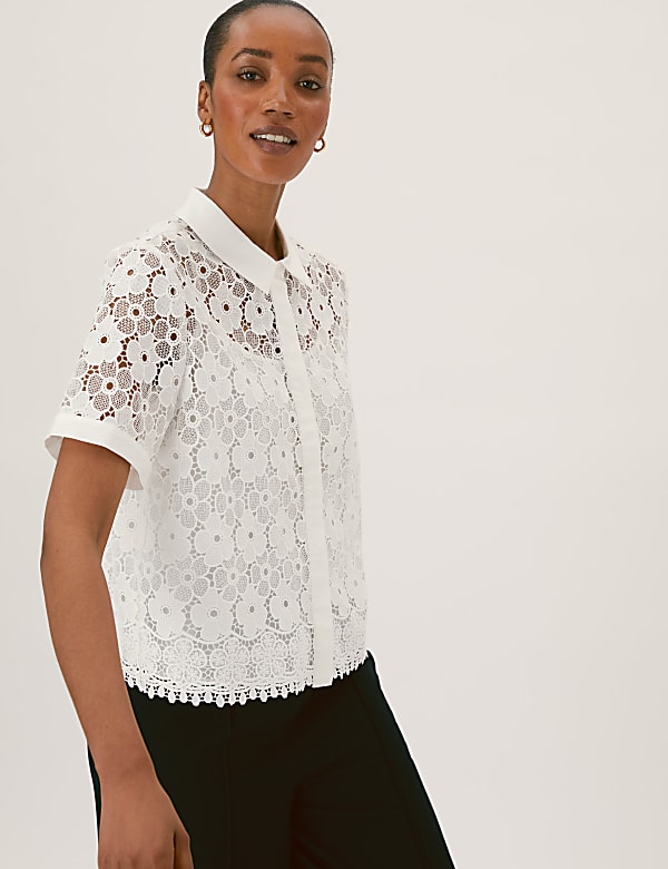 Lace Collared Short Sleeve Shirt