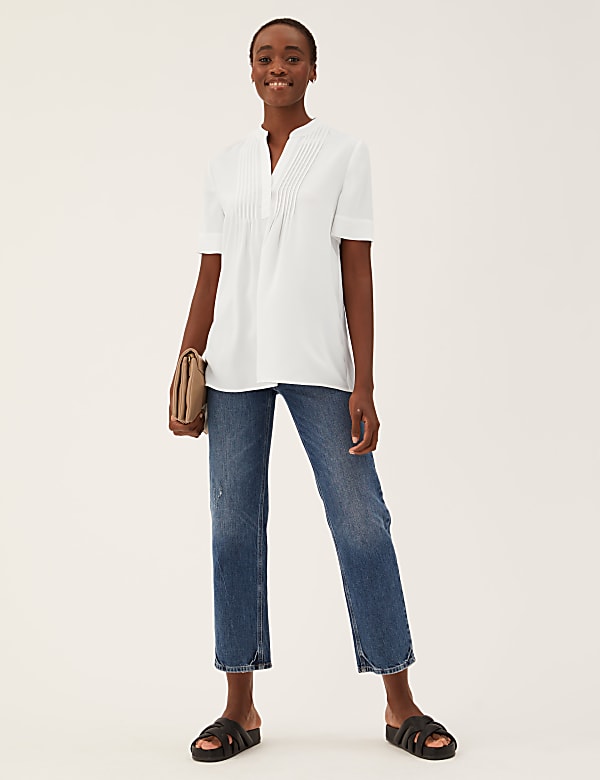 V-Neck Pintuck Short Sleeve Popover Blouse