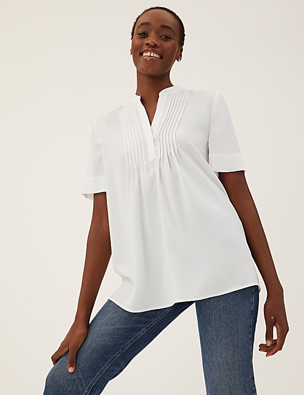 V-Neck Pintuck Short Sleeve Popover Blouse