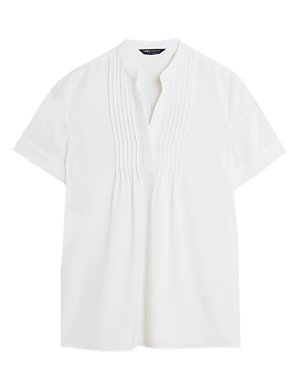 V-Neck Pintuck Short Sleeve Popover Blouse