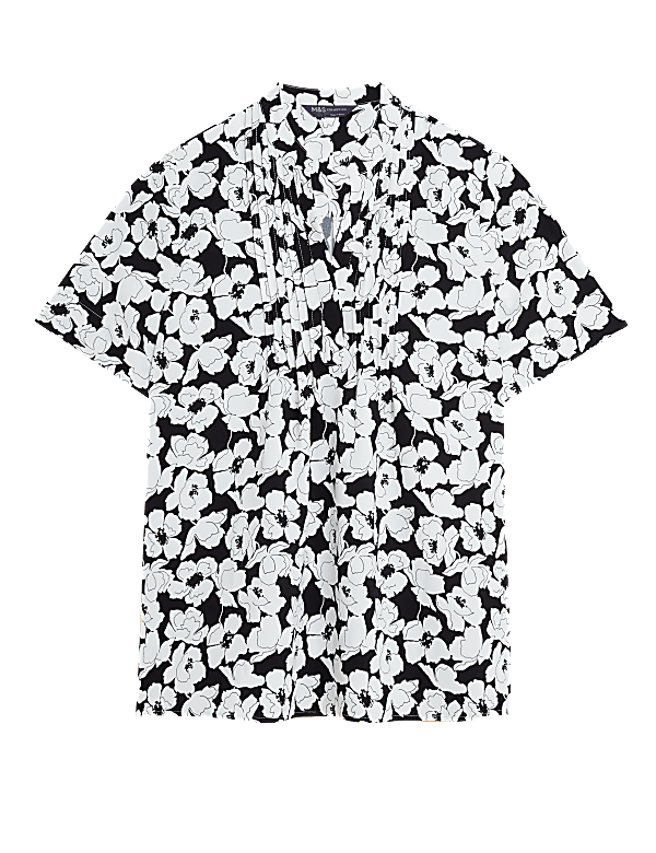 Floral V-Neck Pintuck Short Sleeve Blouse