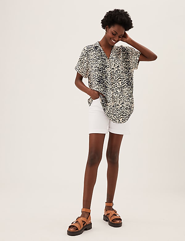 Animal Print Collared Popover Blouse