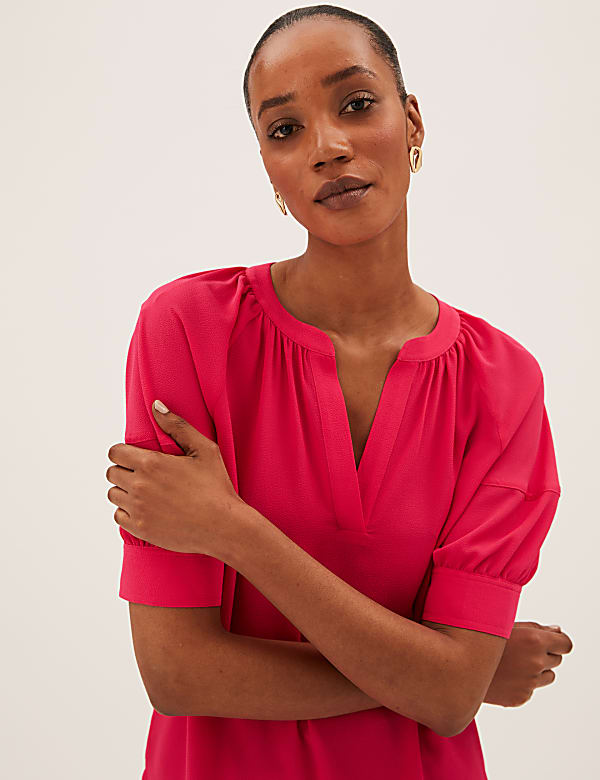 V-Neck Puff Sleeve Popover Blouse