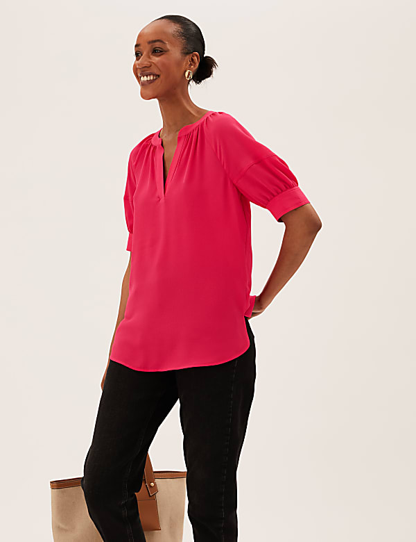 V-Neck Puff Sleeve Popover Blouse