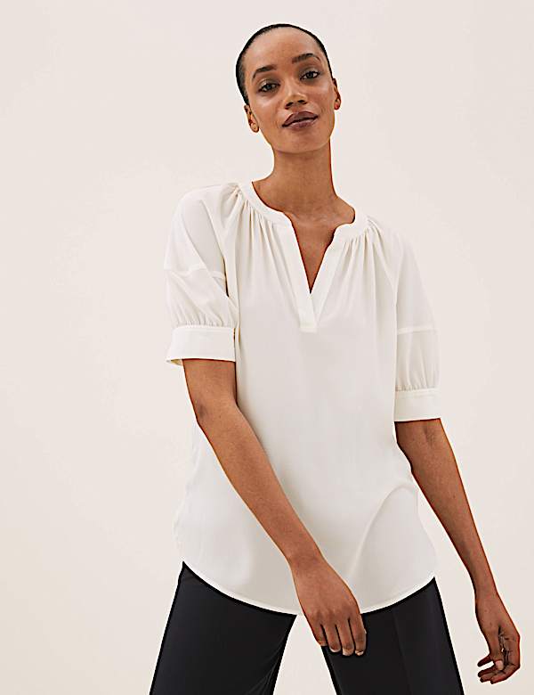 V-Neck Puff Sleeve Popover Blouse