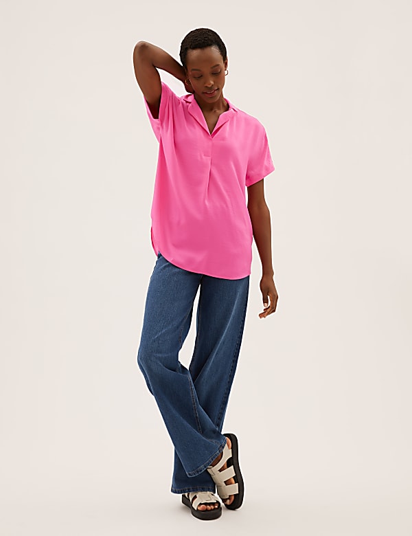 Collared Short Sleeve Popover Blouse