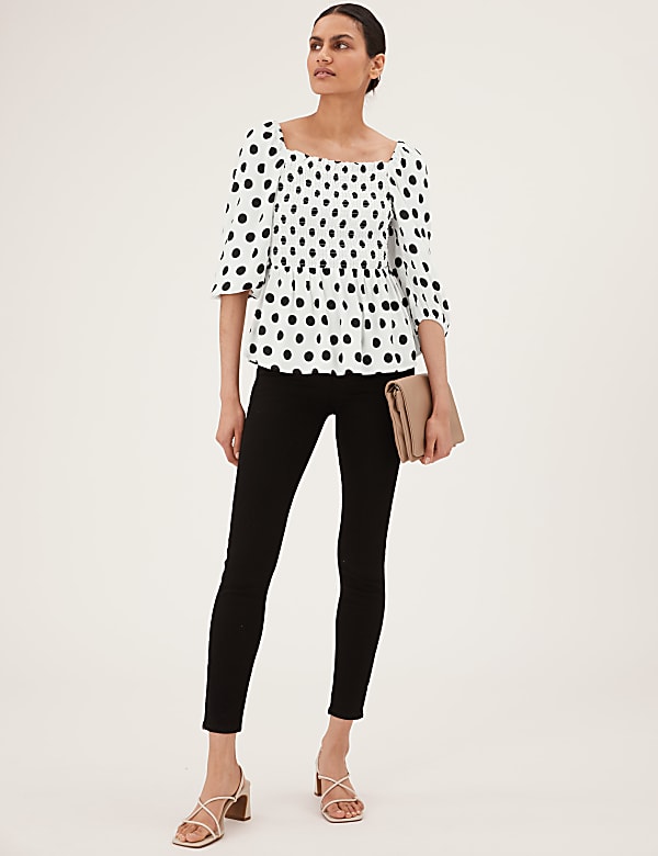 Polka Dot Square Neck 3/4 Sleeve Peplum Top