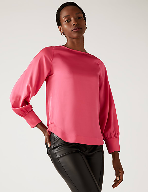 Satin Round Neck Long Sleeve Top