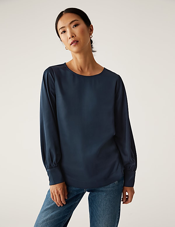 Satin Round Neck Long Sleeve Top