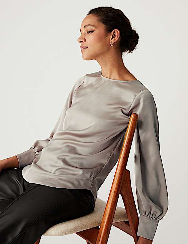 Satin Round Neck Long Sleeve Top