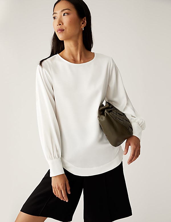 Satin Round Neck Long Sleeve Top